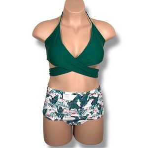 Size 10 Cocoship Swimsuit Bikini Two Piece Tropical Green White Ruched Bottom